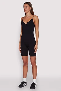 Womens Seamless Rib Knit Notch Neck Biker Romper, Black, Size S-M