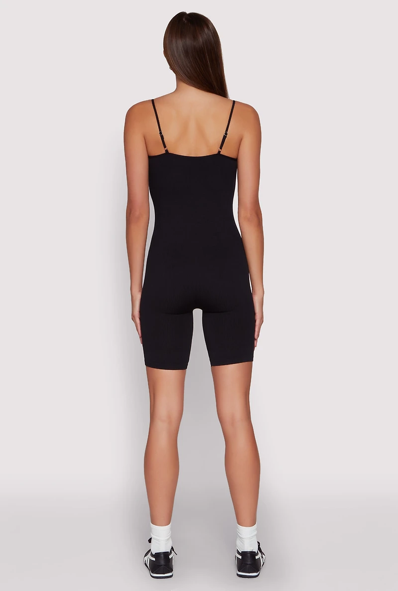 Womens Seamless Rib Knit Notch Neck Biker Romper, Black, Size S-M