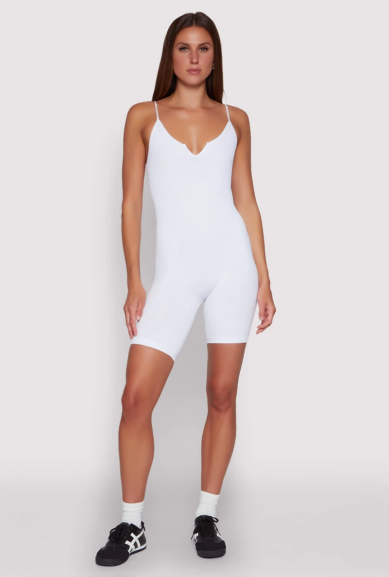 Seamless Rib Knit Notch Neck Biker Romper