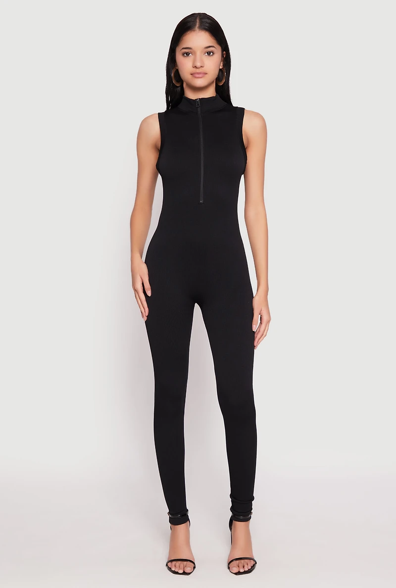 Ribbed Knit Sleeveless Half Zip Catsuit