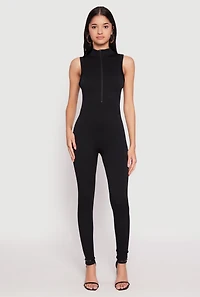 Ribbed Knit Sleeveless Half Zip Catsuit