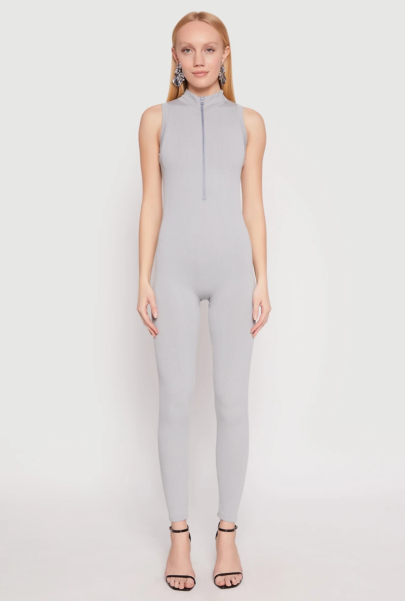 Ribbed Knit Sleeveless Half Zip Catsuit
