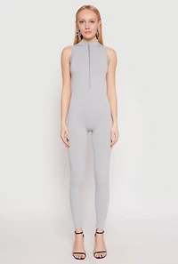 Ribbed Knit Sleeveless Half Zip Catsuit