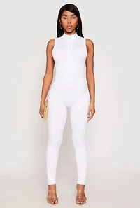 Womens Ribbed Knit Sleeveless Half Zip Catsuit, White, Size S-M