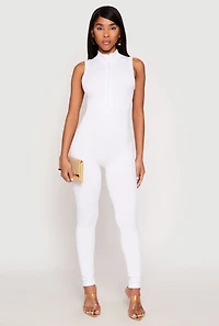 Womens Ribbed Knit Sleeveless Half Zip Catsuit, White, Size S-M