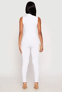 Womens Ribbed Knit Sleeveless Half Zip Catsuit, White, Size S-M