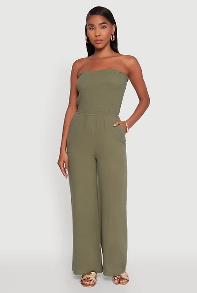 Womens Smocked Tube Wide Leg Jumpsuit, Green, Size M