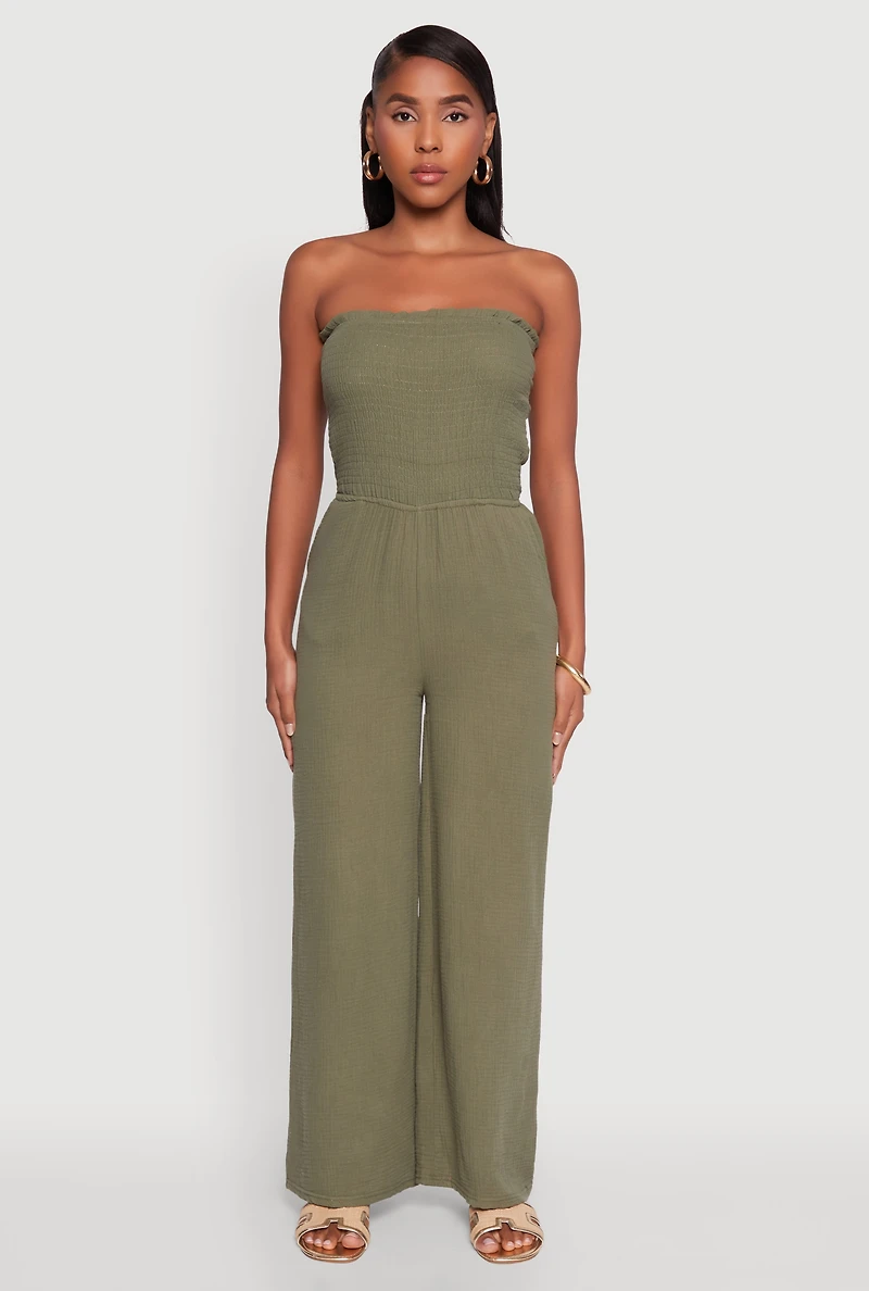 Womens Smocked Tube Wide Leg Jumpsuit, Green, Size M