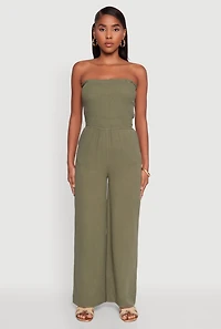 Womens Smocked Tube Wide Leg Jumpsuit, Green, Size M