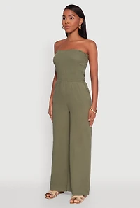 Womens Smocked Tube Wide Leg Jumpsuit, Green, Size M