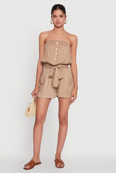 Womens Sleeveless Tie Waist Belted Cargo Romper, Khaki, Size L