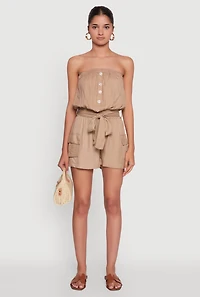 Womens Sleeveless Tie Waist Belted Cargo Romper, Khaki, Size S