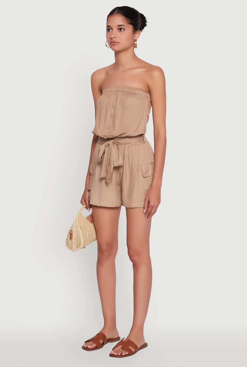 Womens Sleeveless Tie Waist Belted Cargo Romper, Khaki, Size S