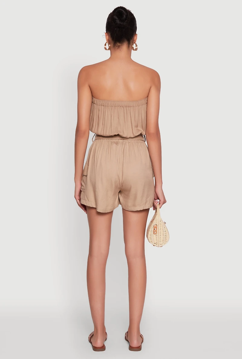 Womens Sleeveless Tie Waist Belted Cargo Romper, Khaki, Size S
