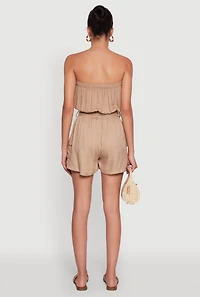 Womens Sleeveless Tie Waist Belted Cargo Romper, Khaki, Size S