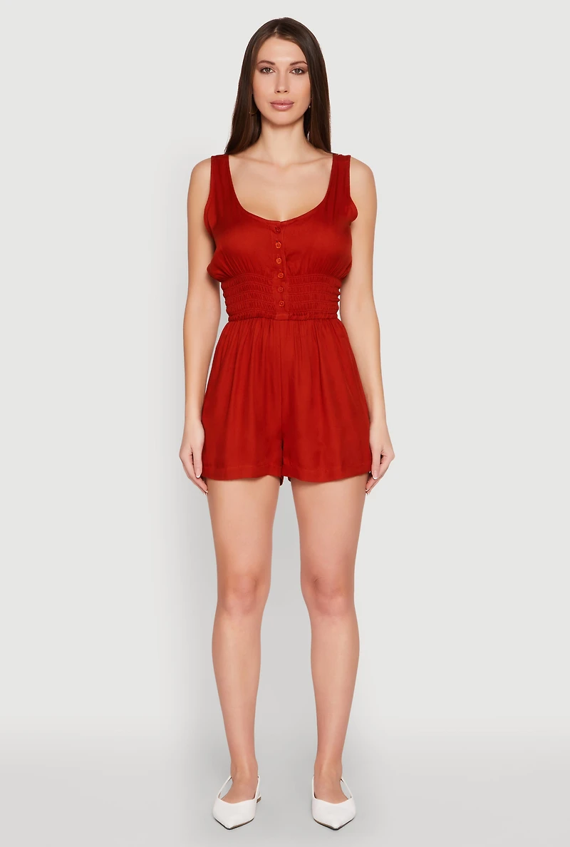 Womens Smocked Waist Tank Romper, Burgundy, Size M