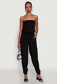 Strapless Smocked Drawstring Waist Jumpsuit