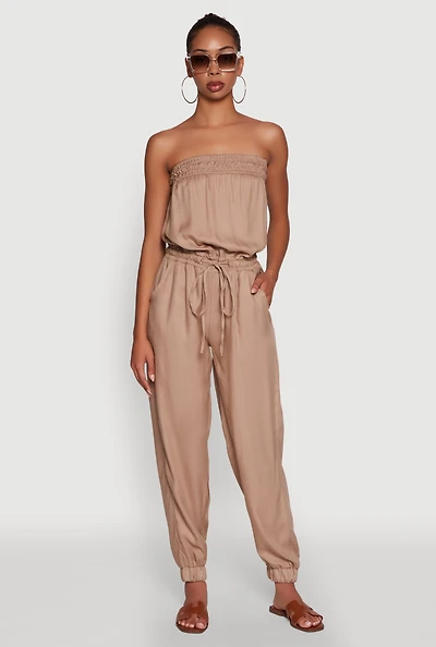 Womens Strapless Smocked Drawstring Waist Jumpsuit,