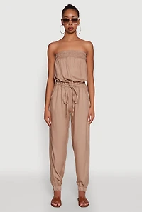 Womens Strapless Smocked Drawstring Waist Jumpsuit,