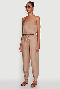 Womens Strapless Smocked Drawstring Waist Jumpsuit,