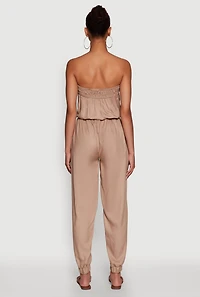 Womens Strapless Smocked Drawstring Waist Jumpsuit,