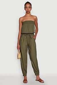 Strapless Smocked Drawstring Waist Jumpsuit