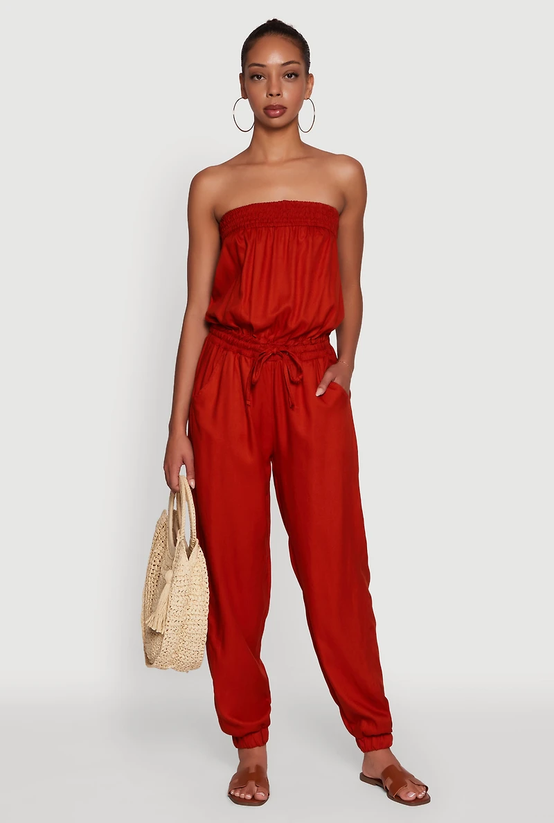 Womens Strapless Smocked Drawstring Waist Jumpsuit, Red, Size M