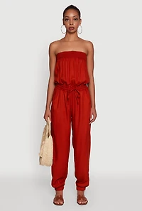 Womens Strapless Smocked Drawstring Waist Jumpsuit, Red, Size M