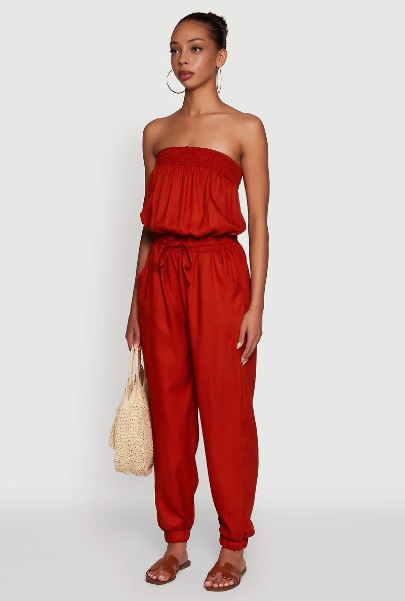 Womens Strapless Smocked Drawstring Waist Jumpsuit, Red, Size M
