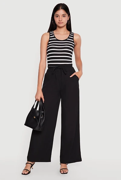 Striped Tie Waist Belted Wide Leg Jumpsuit