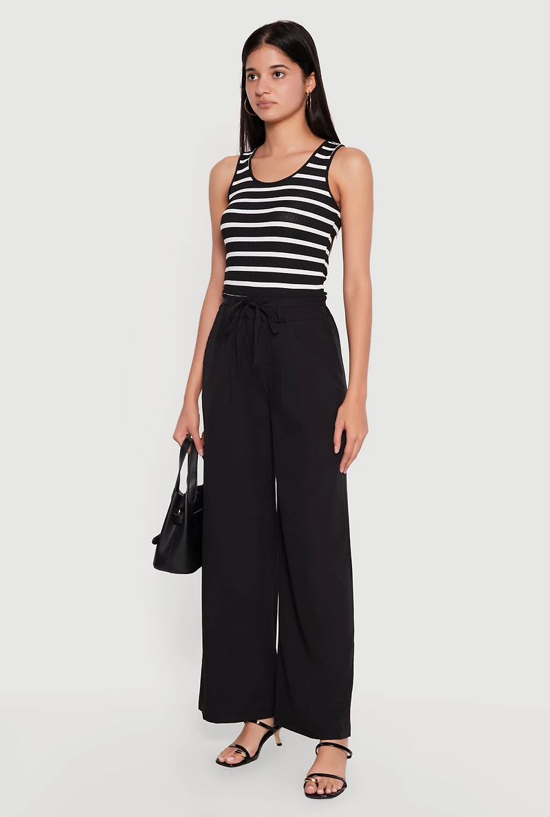 Striped Tie Waist Belted Wide Leg Jumpsuit