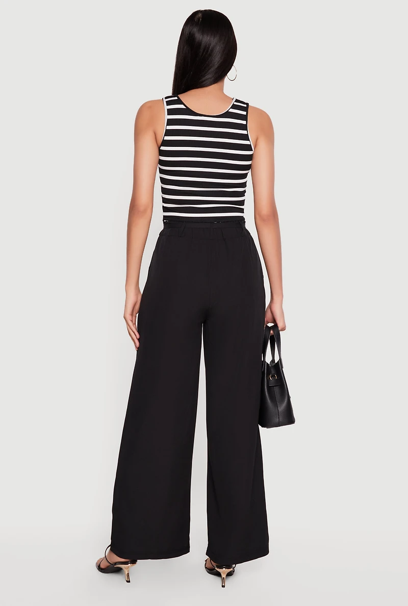 Striped Tie Waist Belted Wide Leg Jumpsuit