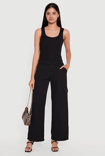 Sleeveless Elastic Waist Jumpsuit with Cargo Pockets