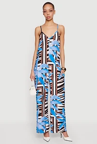 Tropical Leaf Abstract Print Wide Leg Jumpsuit