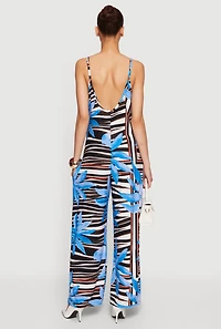 Tropical Leaf Abstract Print Wide Leg Jumpsuit