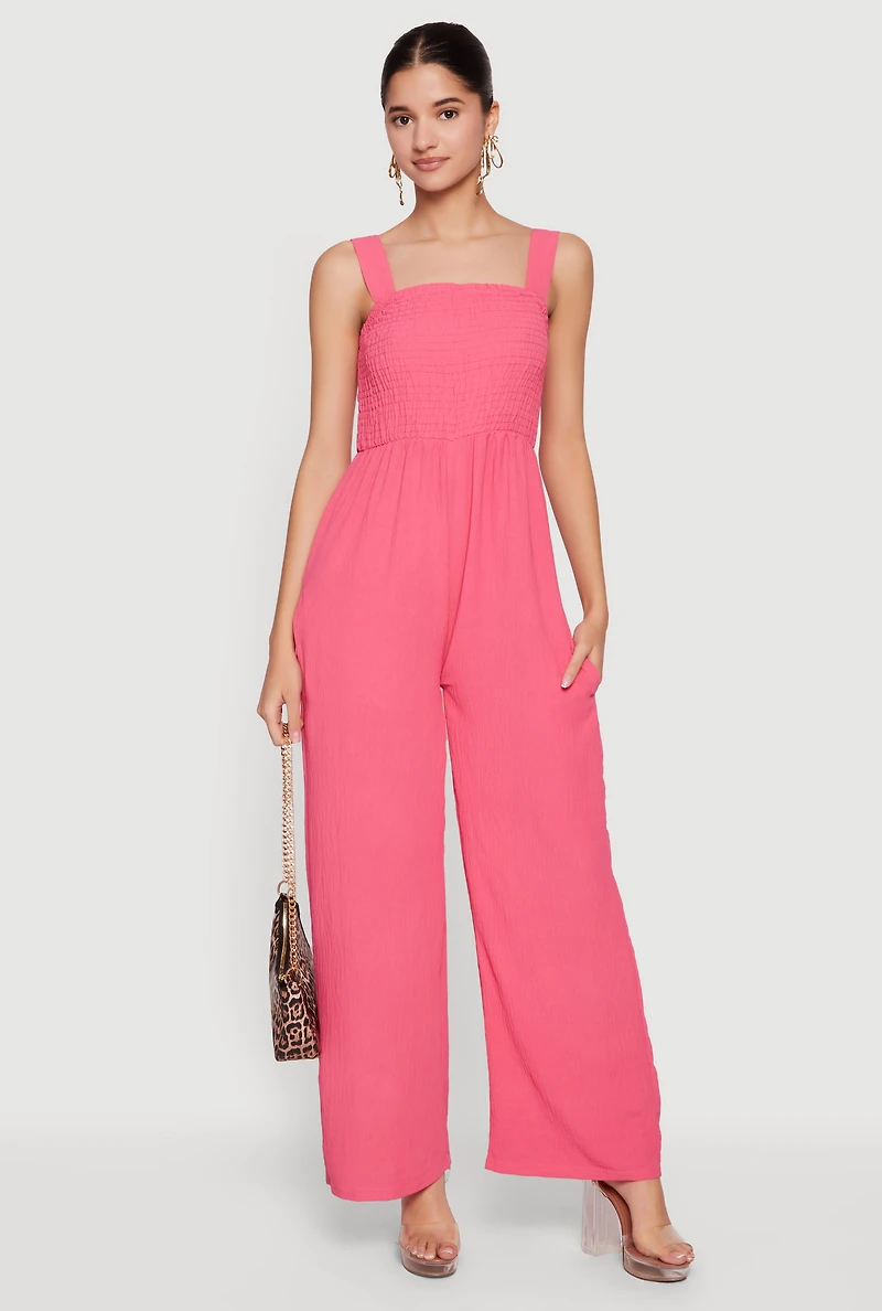 Crepe Knit Smocked Wide Leg Jumpsuit