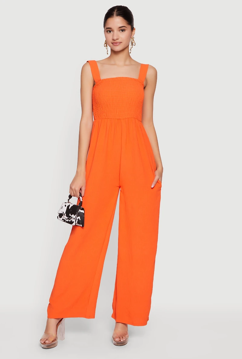 Crepe Knit Smocked Wide Leg Jumpsuit