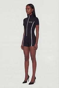 New York Graphic Mock Neck Zip Front Romper