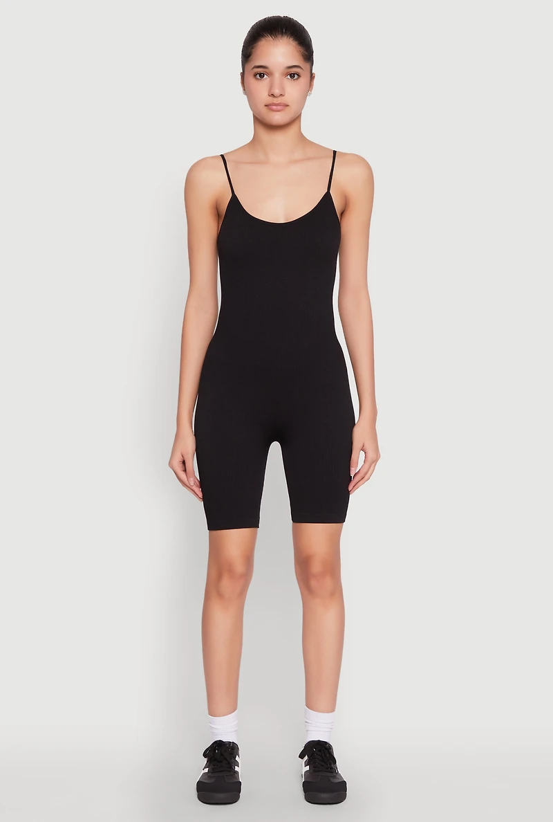 Womens Rib Knit Scoop Neck Cami Romper, Black, Size S-M