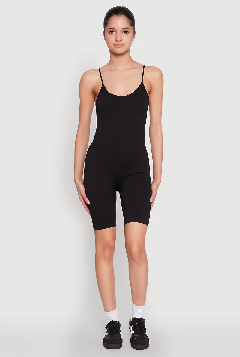 Womens Rib Knit Scoop Neck Cami Romper, Black, Size S-M