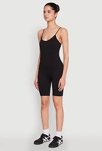 Womens Rib Knit Scoop Neck Cami Romper, Black, Size S-M