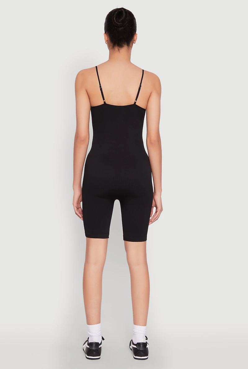 Womens Rib Knit Scoop Neck Cami Romper, Black, Size S-M