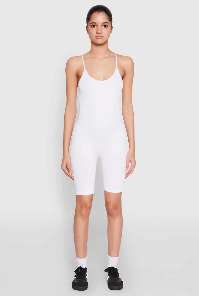 Womens Rib Knit Scoop Neck Cami Romper, White, Size S-M