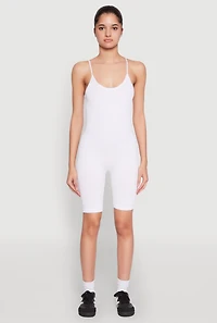 Womens Rib Knit Scoop Neck Cami Romper, White, Size S-M