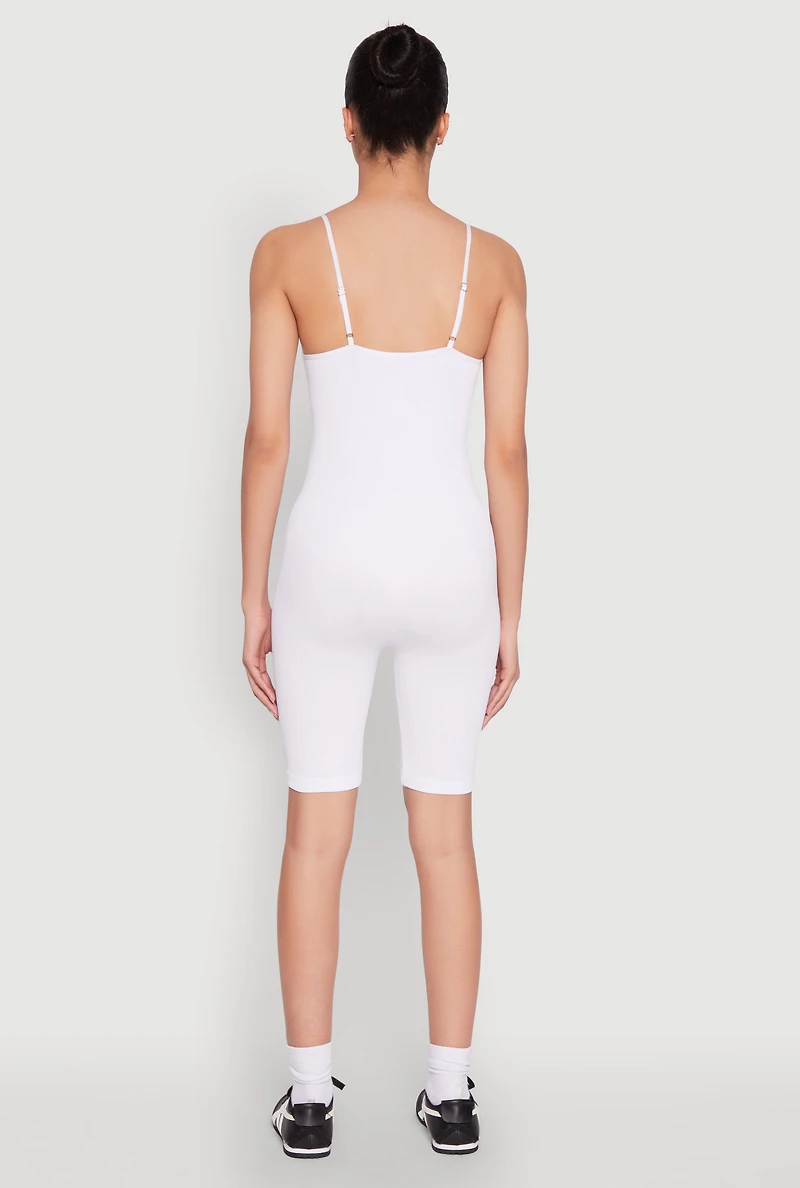 Womens Rib Knit Scoop Neck Cami Romper, White, Size S-M