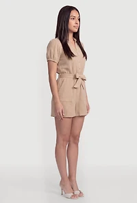 Tie Waist Belted Button Front Puff Sleeve Romper