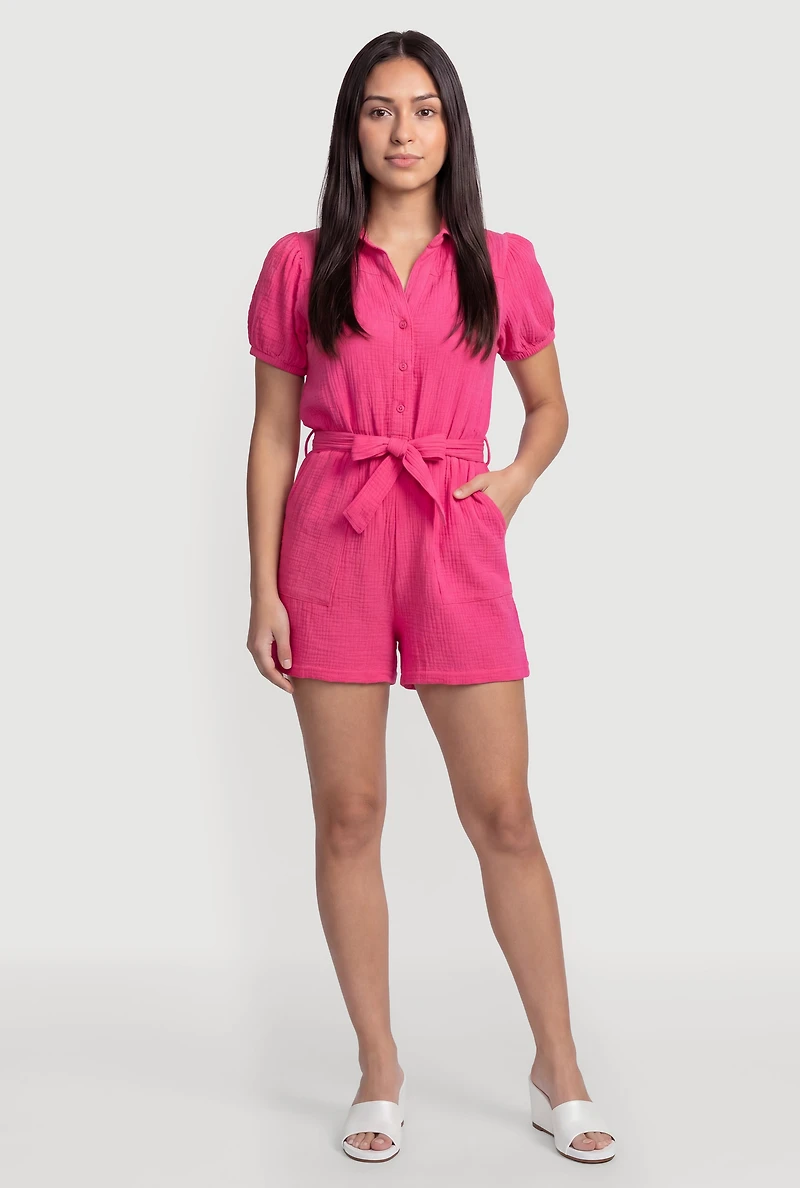 Tie Waist Belted Button Front Puff Sleeve Romper