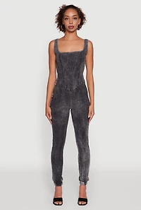 Womens Trendy Acid Wash Sleeveless Square Neck Jumpsuit, Black, Size XL
