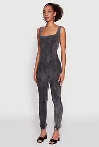 Womens Trendy Acid Wash Sleeveless Square Neck Jumpsuit, Black, Size XL