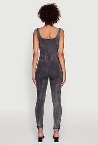 Womens Trendy Acid Wash Sleeveless Square Neck Jumpsuit, Black, Size M